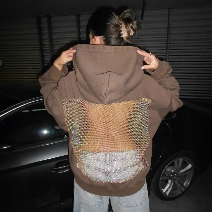 Hoodie Hollow Mesh Back Women'S Sweatshirt Casual Long Sleeve Headband Pocket Women's Open Back Hoodie with Sheer Mesh Cut-Out