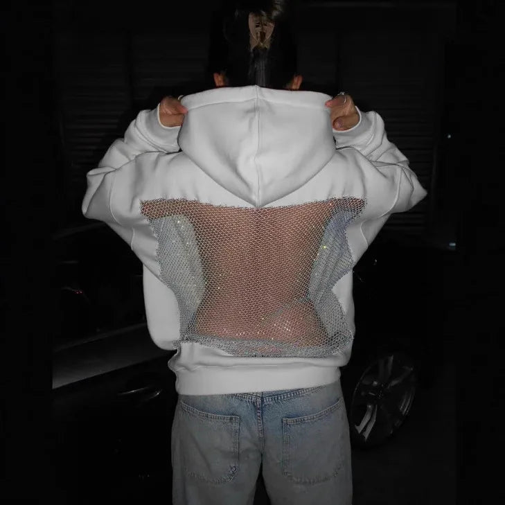 Hoodie Hollow Mesh Back Women'S Sweatshirt Casual Long Sleeve Headband Pocket Women's Open Back Hoodie with Sheer Mesh Cut-Out