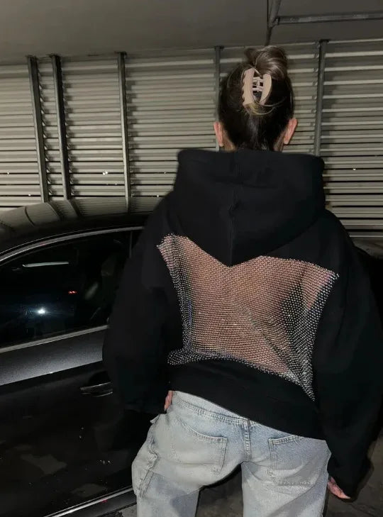 Hoodie Hollow Mesh Back Women'S Sweatshirt Casual Long Sleeve Headband Pocket Women's Open Back Hoodie with Sheer Mesh Cut-Out