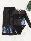 Women Long Sleeve Swimsuit with Skirt Set UV Protection Rash Guard Surfing Diving One-Piece Swimwear Beach Sports Bathing Suit