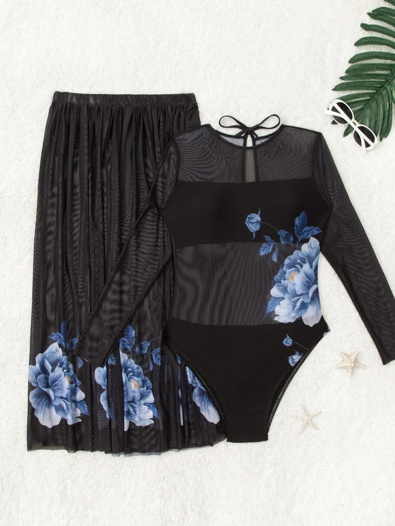 Women Long Sleeve Swimsuit with Skirt Set UV Protection Rash Guard Surfing Diving One-Piece Swimwear Beach Sports Bathing Suit