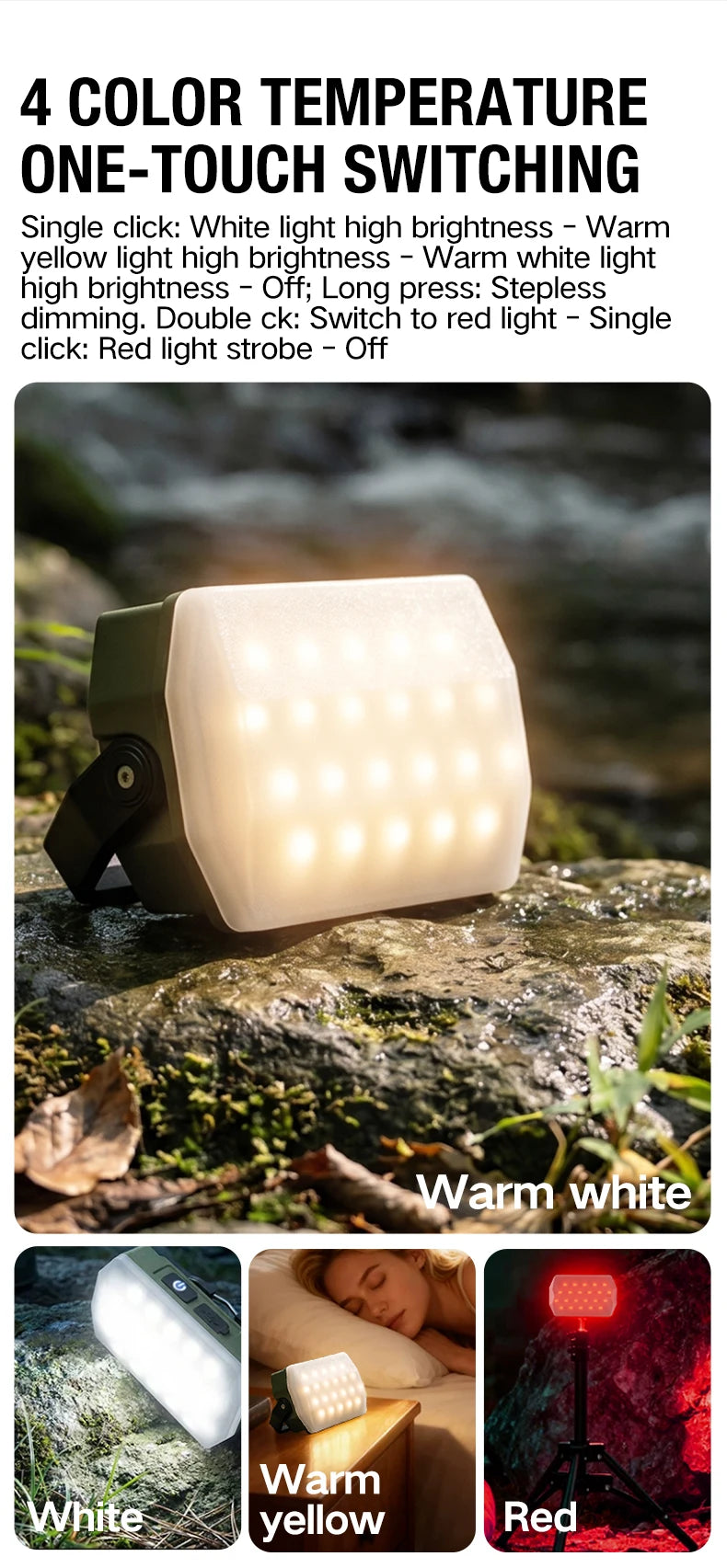 Outdoor camping lights, portable camping tents, camping work lights, atmosphere hanging lights, long-range rechargeable lighting