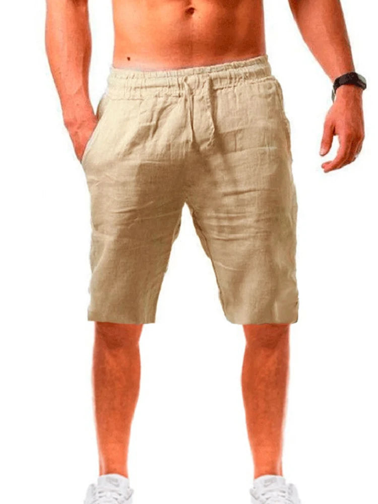 New Men's Cotton Linen Shorts Pants Male Summer Breathable Solid Color Linen Trousers Fitness Streetwear Lace up Bottoms