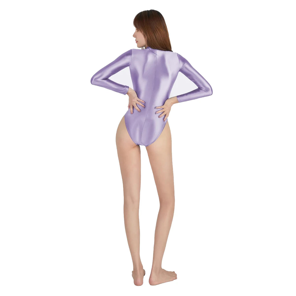 AMORESY Women Glossy Smooth Untra-thin Long-sleeve High Cut Swimsuits One-piece Stretch Tights Swimwears Leotards Bathing Suits