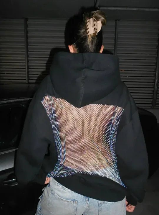 Hoodie Hollow Mesh Back Women'S Sweatshirt Casual Long Sleeve Headband Pocket Women's Open Back Hoodie with Sheer Mesh Cut-Out