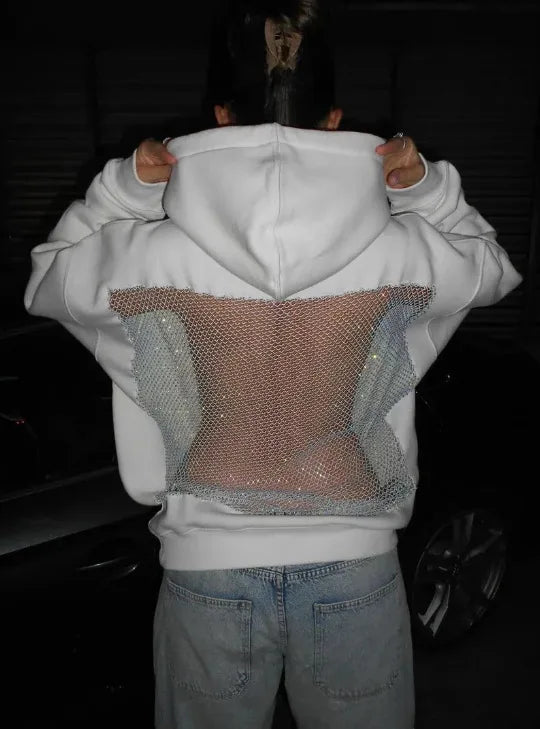 Hoodie Hollow Mesh Back Women'S Sweatshirt Casual Long Sleeve Headband Pocket Women's Open Back Hoodie with Sheer Mesh Cut-Out
