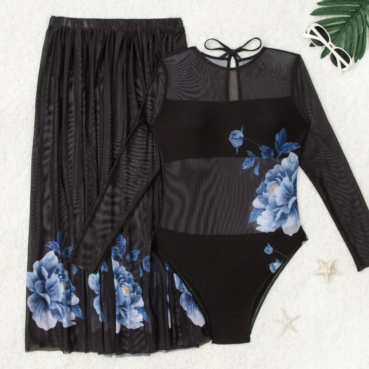 Women Long Sleeve Swimsuit with Skirt Set UV Protection Rash Guard Surfing Diving One-Piece Swimwear Beach Sports Bathing Suit
