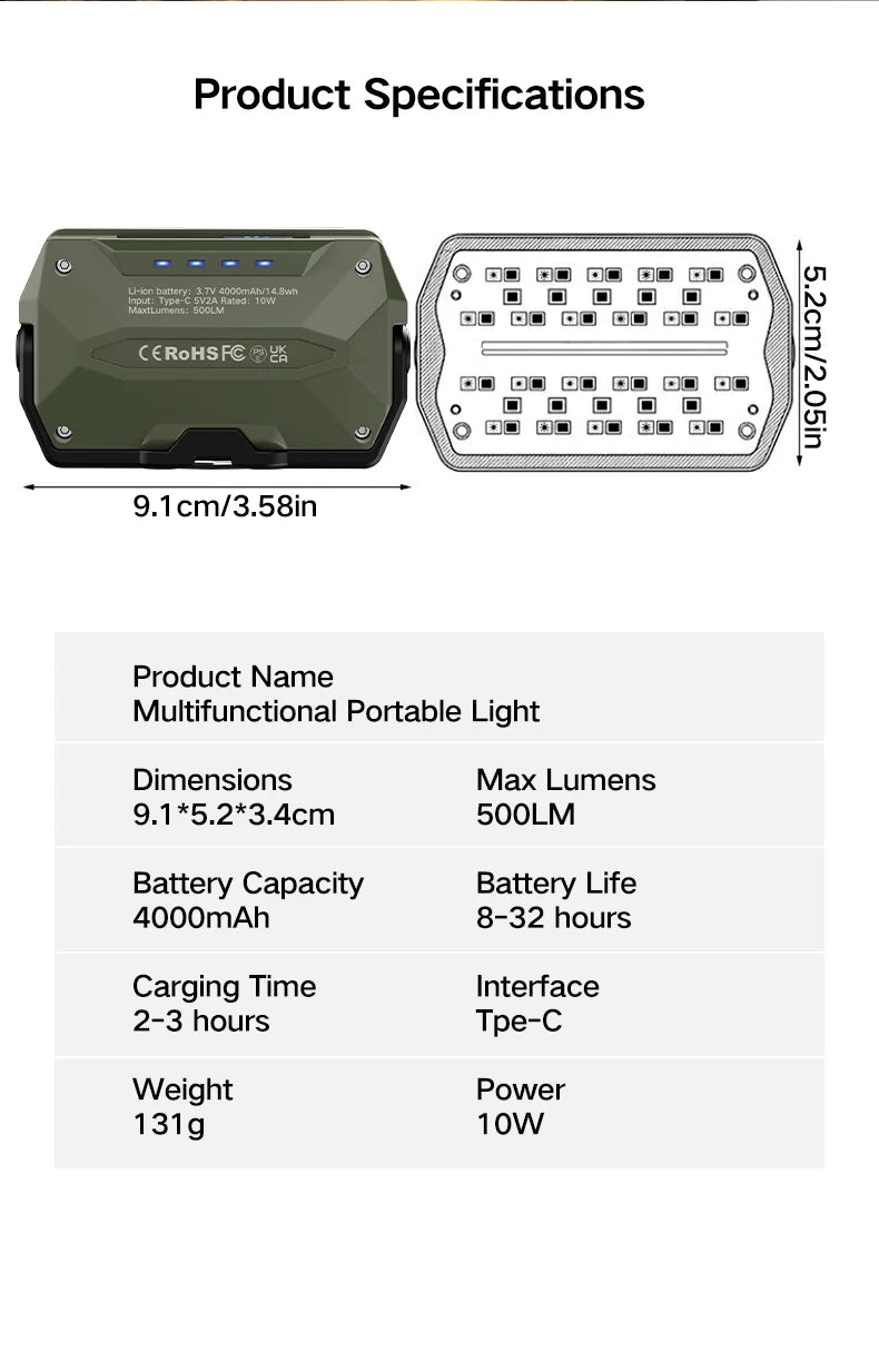 Outdoor camping lights, portable camping tents, camping work lights, atmosphere hanging lights, long-range rechargeable lighting