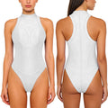 Womens Shiny Oil Bathing Suit Mock Neck Sleeveless Back Zipper Flat Seams High Cut Bodysuit Swimwear for Pool Beach Surfing