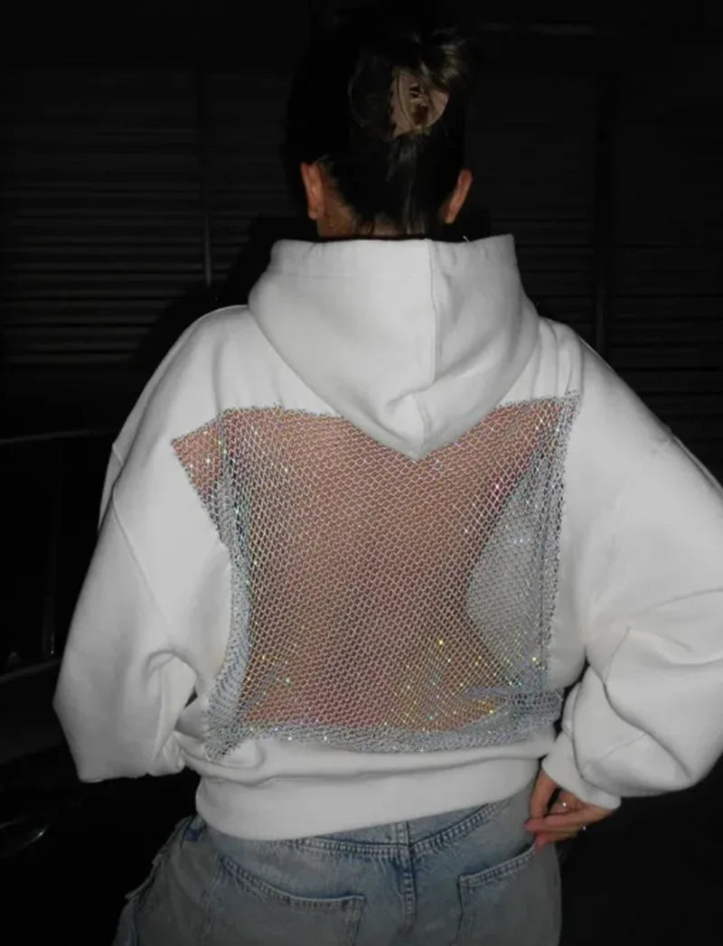 Hoodie Hollow Mesh Back Women'S Sweatshirt Casual Long Sleeve Headband Pocket Women's Open Back Hoodie with Sheer Mesh Cut-Out