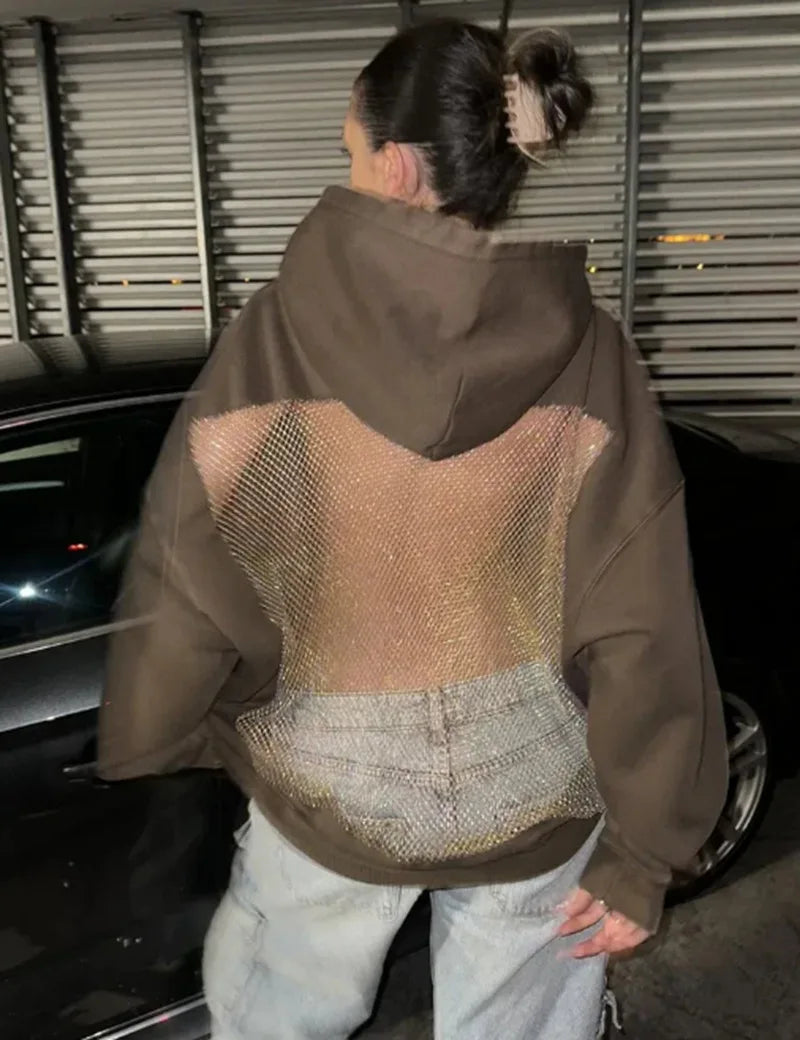 Hoodie Hollow Mesh Back Women'S Sweatshirt Casual Long Sleeve Headband Pocket Women's Open Back Hoodie with Sheer Mesh Cut-Out