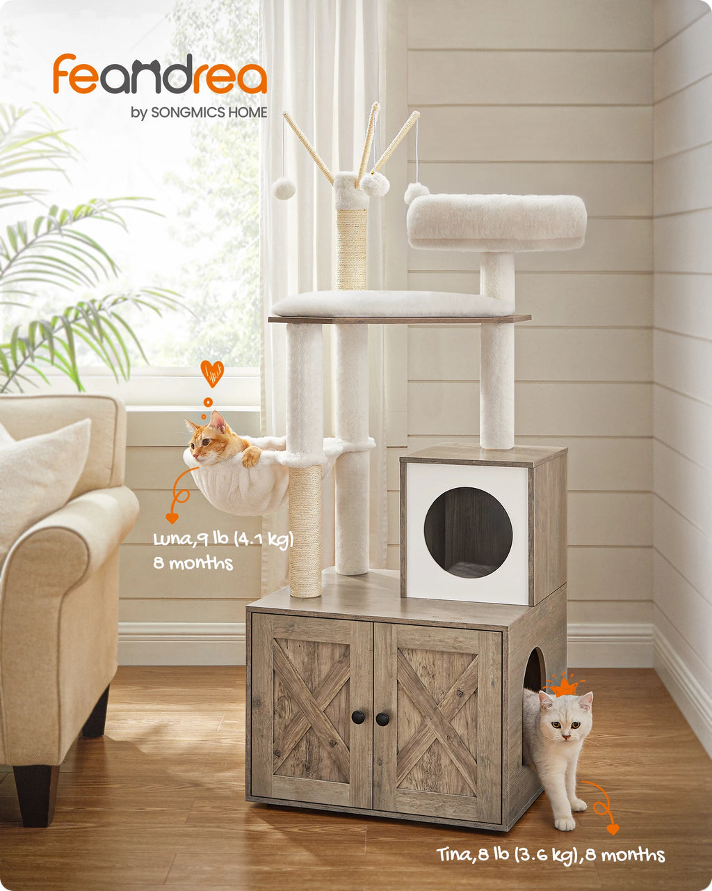 Feandrea WoodyWonders Cat Tree with Litter Box Enclosure, 2-in-1 Modern Cat Tower