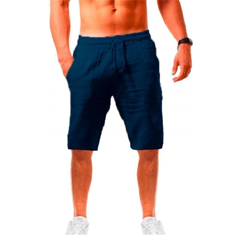 New Men's Cotton Linen Shorts Pants Male Summer Breathable Solid Color Linen Trousers Fitness Streetwear Lace up Bottoms