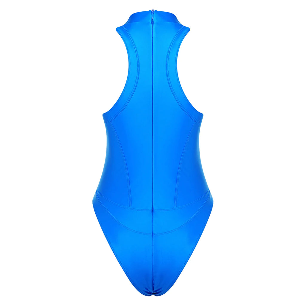 Womens Shiny Oil Bathing Suit Mock Neck Sleeveless Back Zipper Flat Seams High Cut Bodysuit Swimwear for Pool Beach Surfing