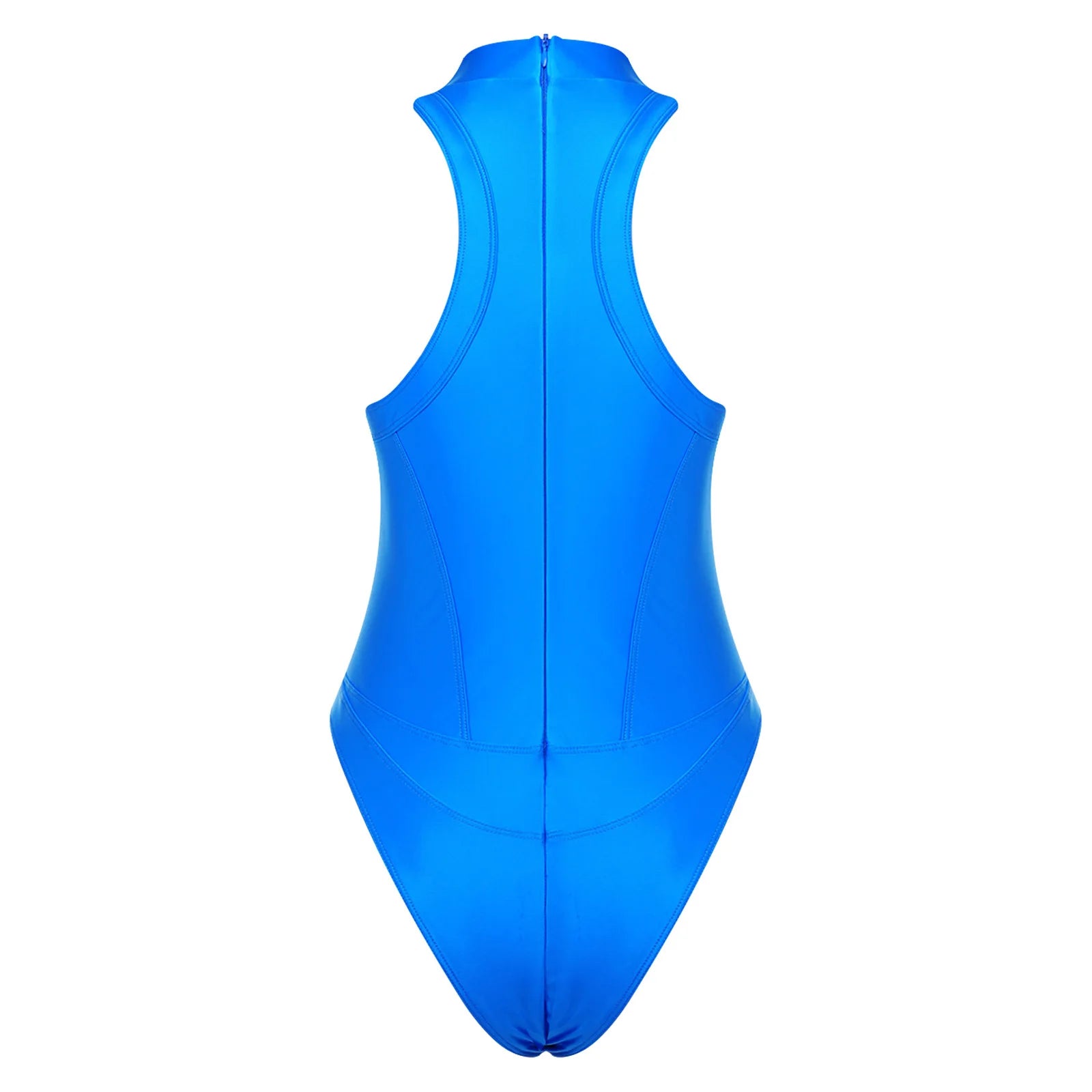 Womens Shiny Oil Bathing Suit Mock Neck Sleeveless Back Zipper Flat Seams High Cut Bodysuit Swimwear for Pool Beach Surfing